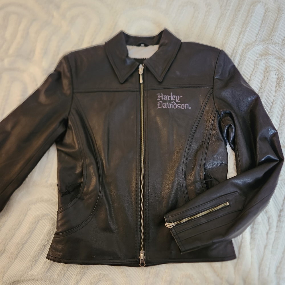 Harley-Davidson Women's Black Leather Motorcycle Zip Jacket Purple Embroidery Xs